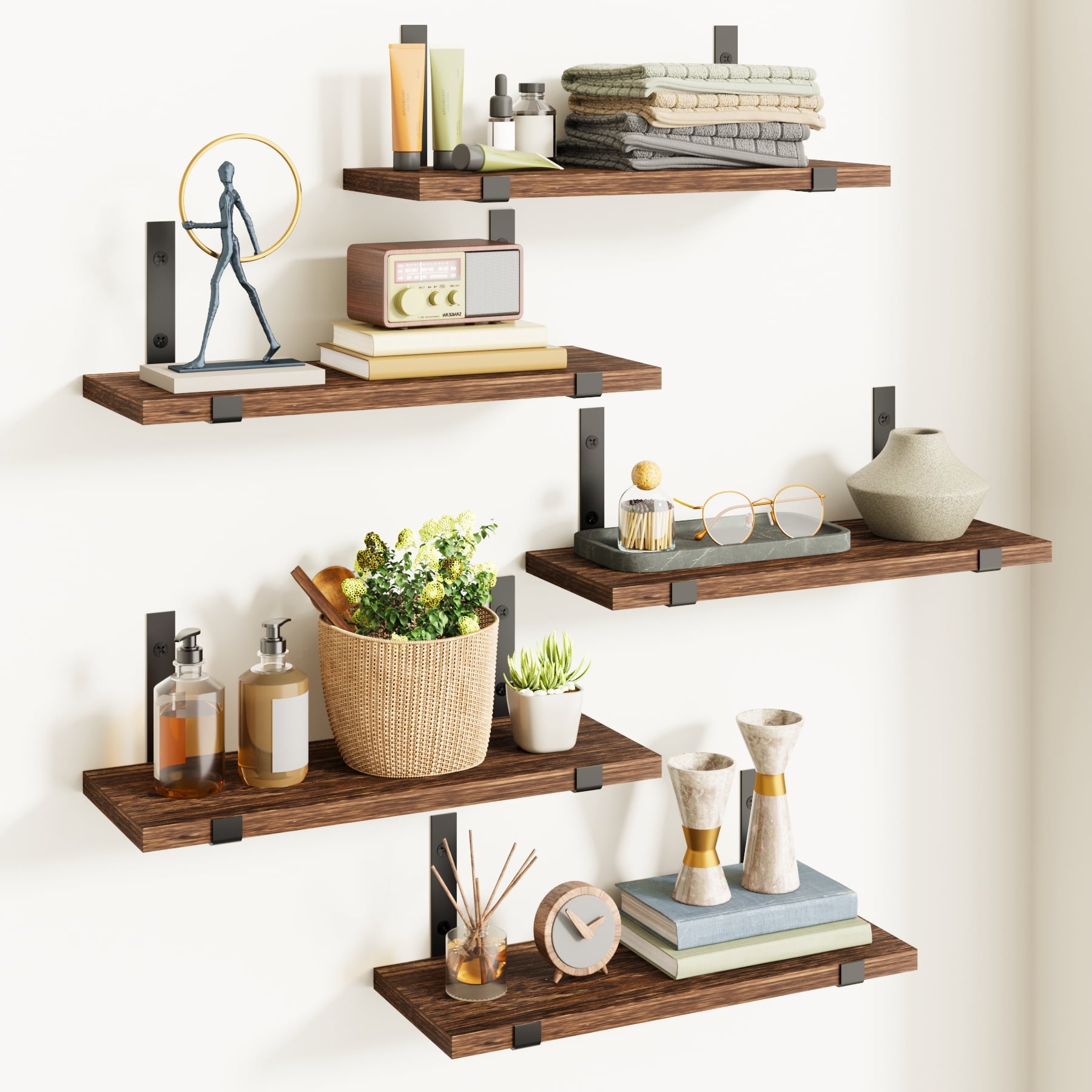 Fairy Floating Shelves, Rustic Wood Wall Storage Shelves Set of 5, 15.7in x 4.7in x 0.6in, White