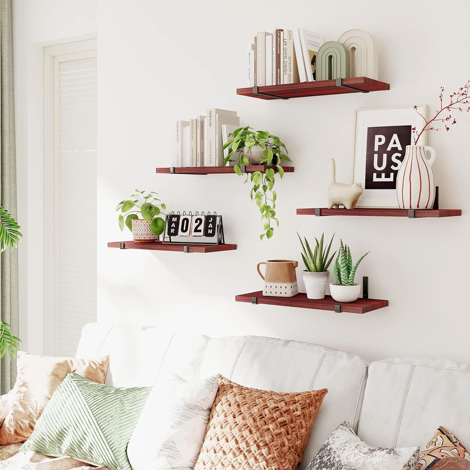 Fairy Floating Shelves, Rustic Wood Wall Storage Shelves Set of 5, 15.7in x 4.7in x 0.6in, White