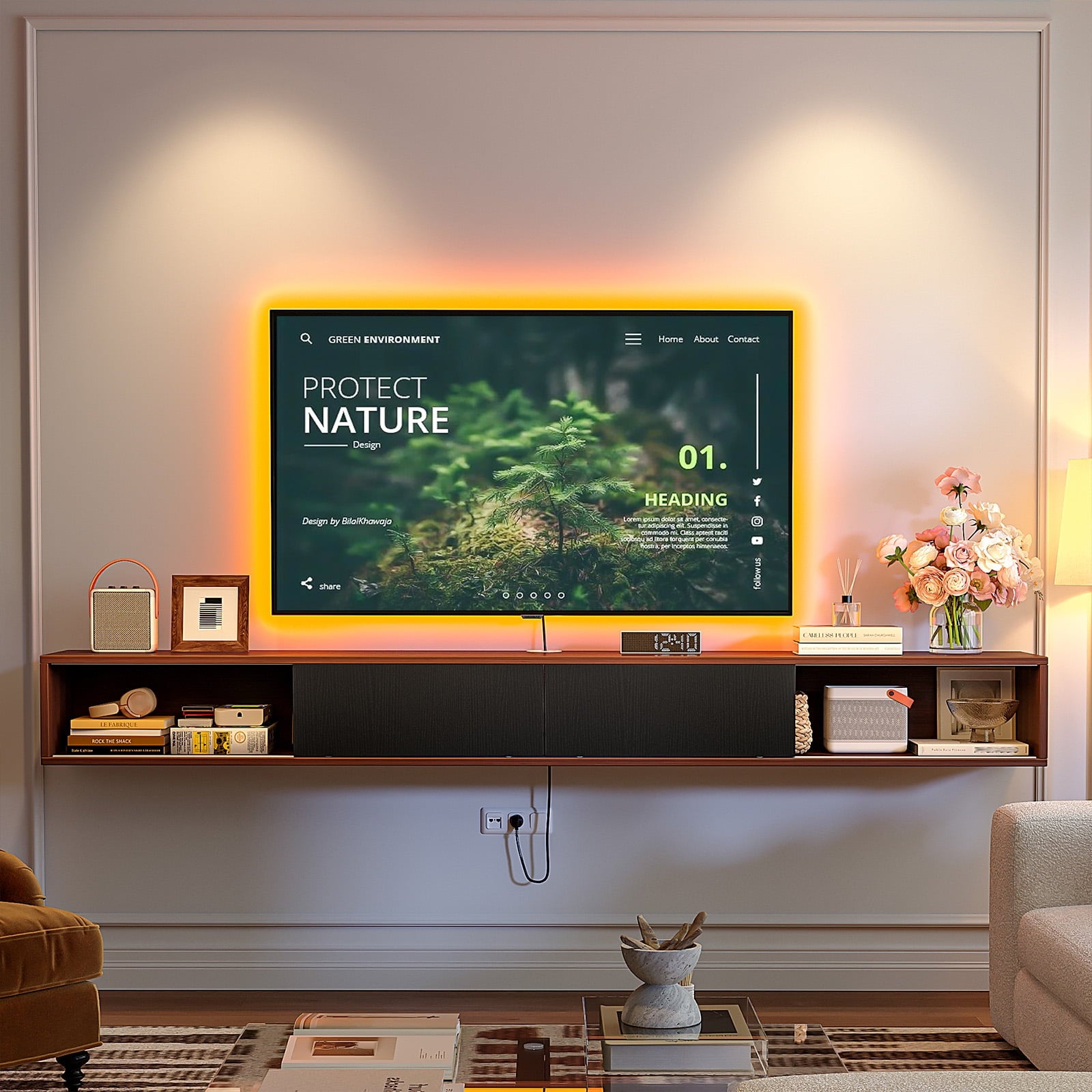 ​​FloatiCasa 78" Floating TV Stand Wall Mounted Floating TV Shelf for TVs up to 78" Entertainment Center with Sliding Doors & Cable Management