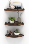 Floating Corner Shelf Wall Mount, Set of 3 Rustic Wood Corner Wall Shelves with Fence for Bedroom, Living Room, Bathroom, Kitchen, Brown