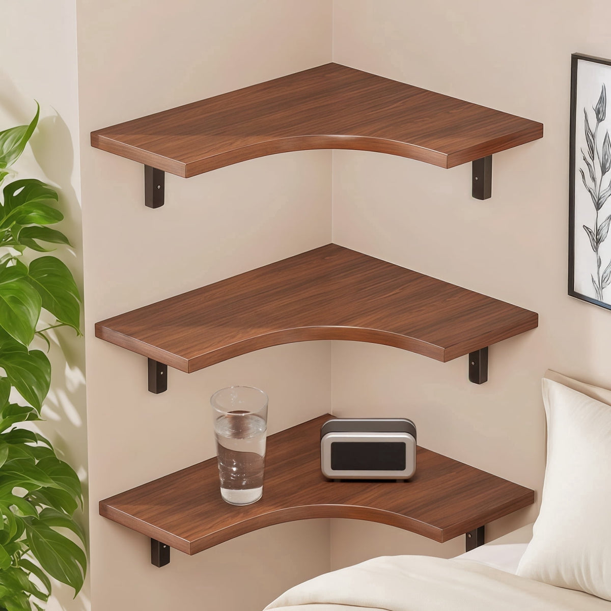 Floating Corner Shelf Wall Mounted, 3-Tier Storage Shelf for Living Room, Bedroom, Kitchen, Black Metal Brackets, Rustic Wood, Easy Install for Space Saving