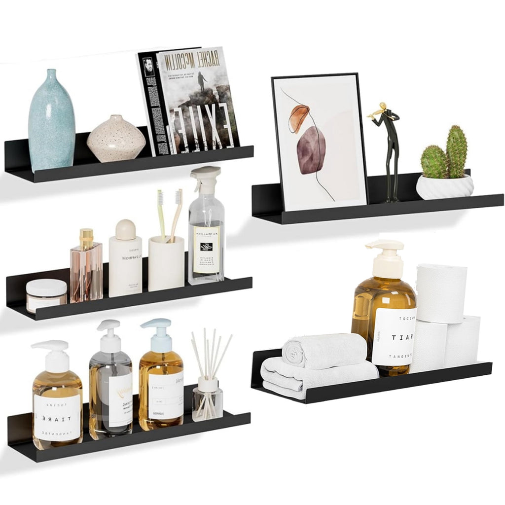 Floating Metal Wall Shelves Picture Ledge W/Lip, Set of 5 Heavy Duty Modern Farmhouse Rustic Designed Shelf (15in Black)