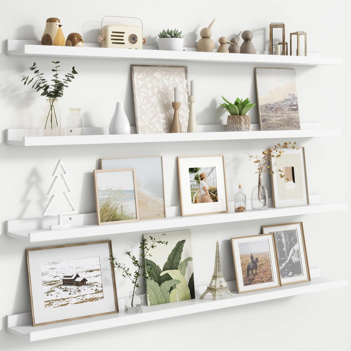 Floating Picture Ledge Shelves for Wall Set of 4, 56 Inch Solid Wood Wall Shelves with Lip Long Large Nursery Book Shelf for Toys Storage Kids Bookshelf Wall Mounted Living Room Bedroom Decor Frames