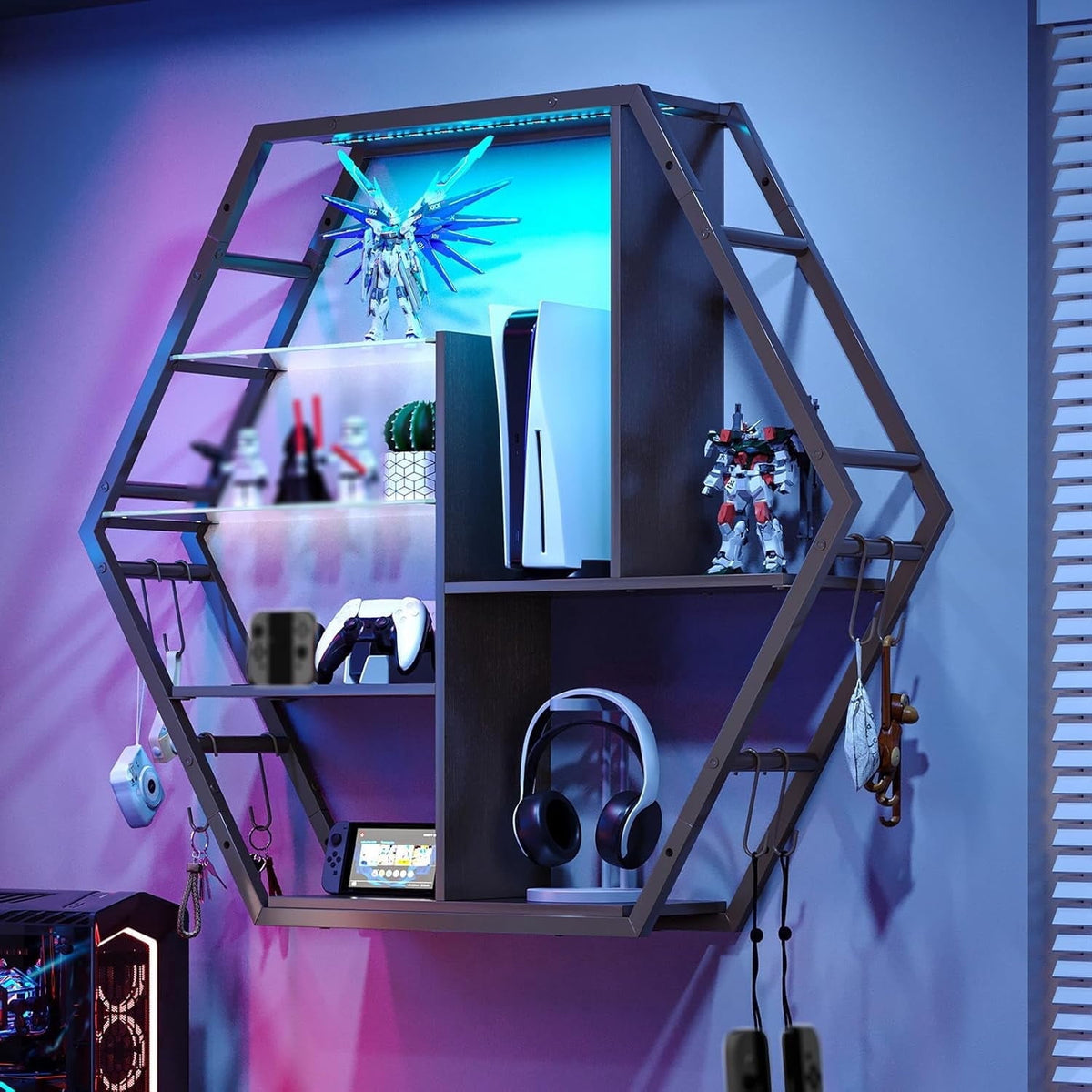 Floating Shelves with Lights, Led Shelves for Wall, Gaming Room Decor Display Shelf, Lighted Bar Shelves, Extra Hanging Hooks Storage, Sturdy Fast Assembly Great Weight Capacity