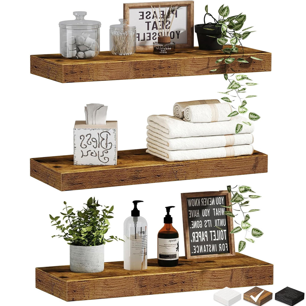 Floating Shelves for Wall, 16" TABGIME Wood Hanging Shelves, Holds 16.8lbs, Space-Saving for Bathroom Bedroom Kitchen(Brown, Set of 3)
