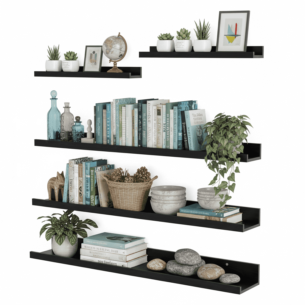 Floating Shelves for Wall Set of 5,Large Wall Shelves for Bathroom, Bedroom, Kitchen, Living Room Storage and Decoration, Black Picture Ledge