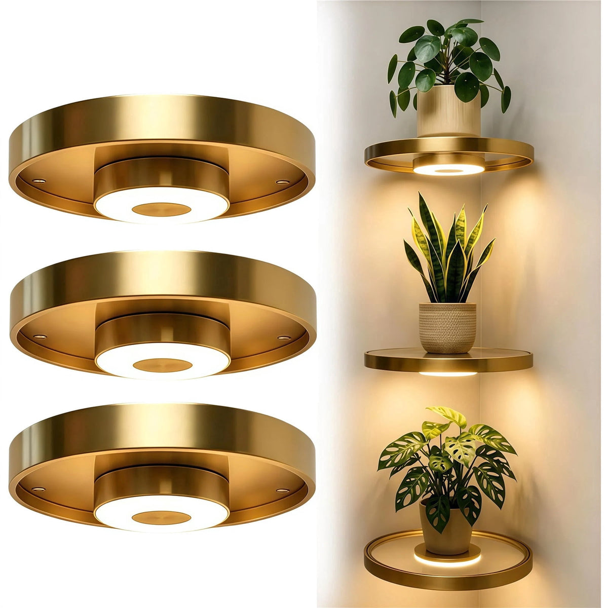 Floating Wall Shelf with Built-in Ambient LED Light, LED Metallic Texture Floating Shelves, Invisible Bracket Hanging Display Rack for Home, Bedroom, Living Room Decor ,3pcs