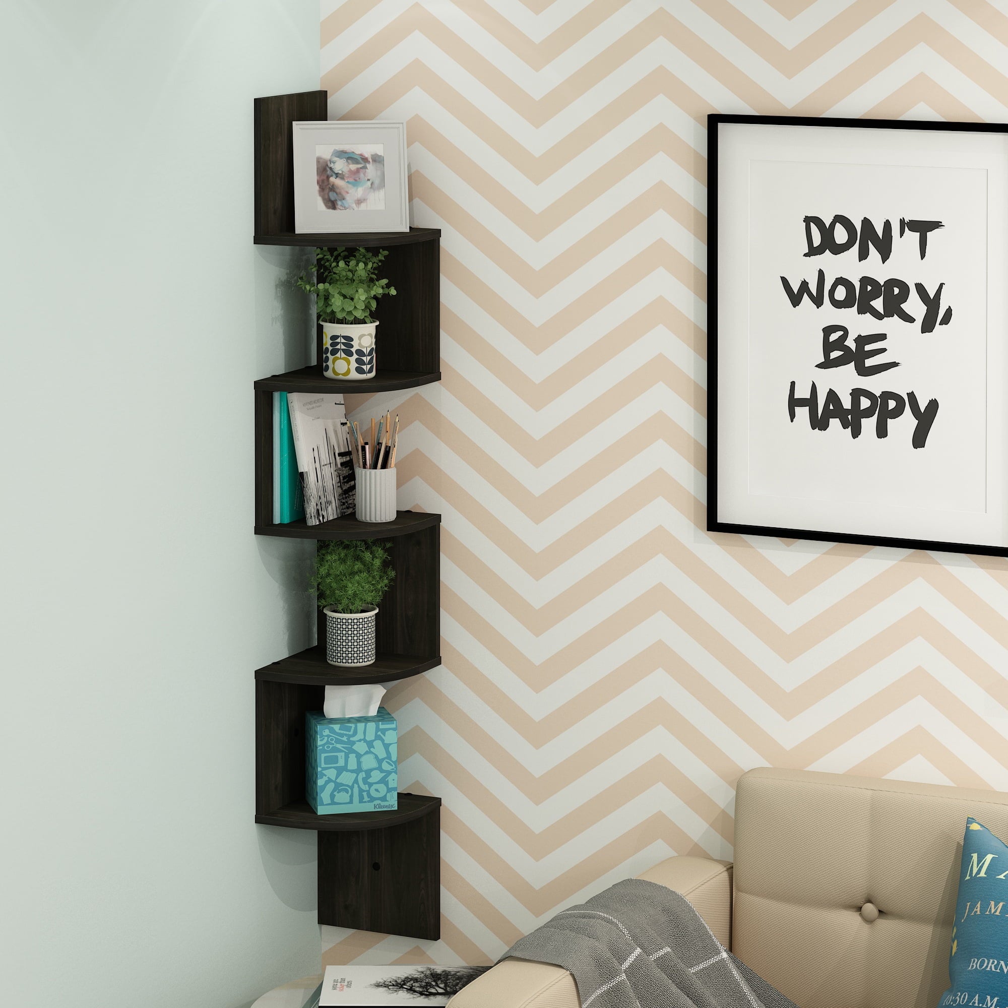 Furinno FR16122EX 5 Tier Wall Mount Floating Radial Corner Shelf, Espresso