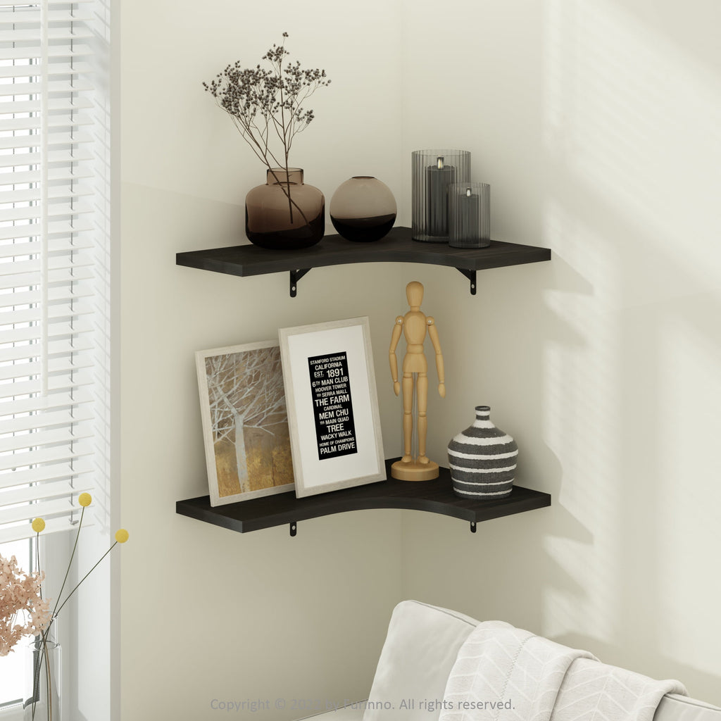 Furinno Rossi Wall Mounted Corner L-Shape Floating Display Shelves, Espresso, Set of 2