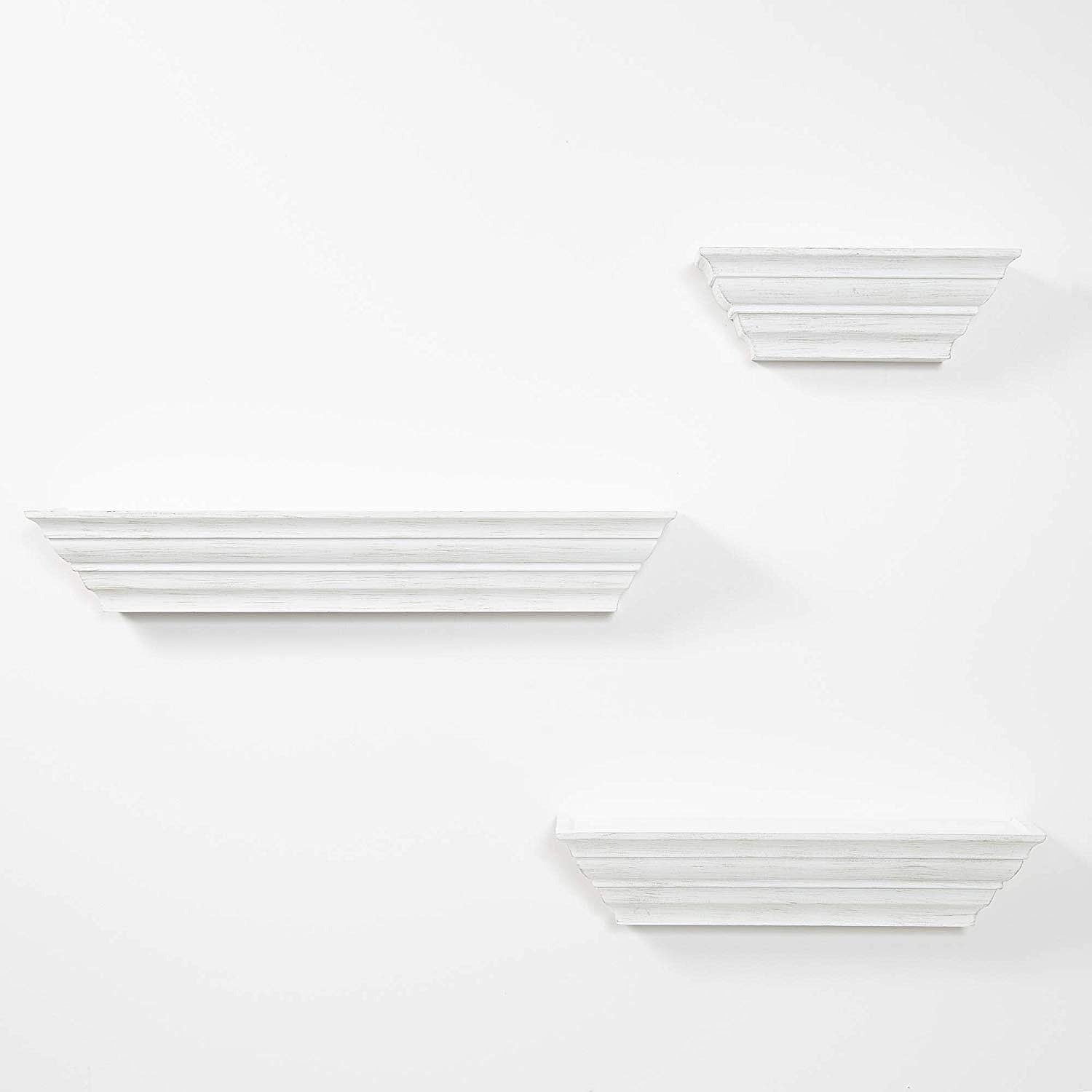 Gallery Solutions Traditional Distressed White 3 Piece Floating Ledge Shelf Set