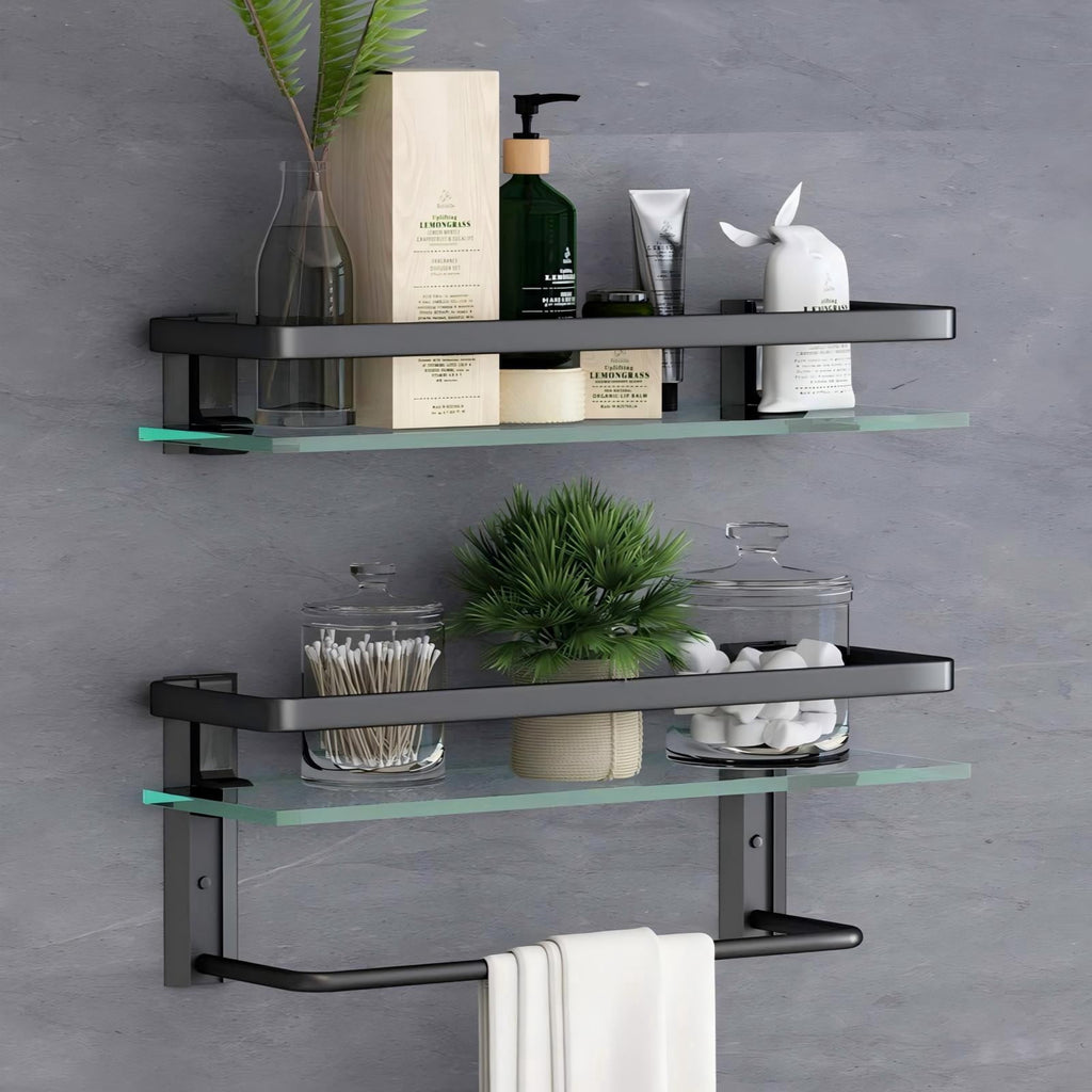 Sofinny 2 Tier Glass Shelf for Bathroom Wall Mounted, 15.7in Aluminum Floating Shelves with Towel Bar, No Drilling, 8mm Thick Tempered Glass (Black)