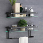 Sofinny 2 Tier Glass Shelf for Bathroom Wall Mounted, 15.7in Aluminum Floating Shelves with Towel Bar, No Drilling, 8mm Thick Tempered Glass (Black)