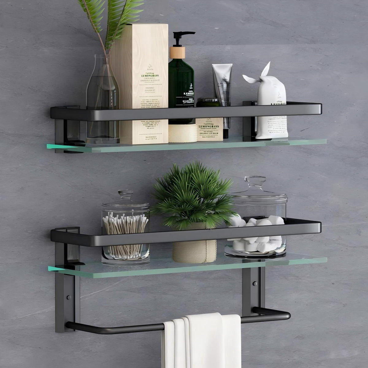 Sofinny 2 Tier Glass Shelf for Bathroom Wall Mounted, 15.7in Aluminum Floating Shelves with Towel Bar, No Drilling, 8mm Thick Tempered Glass (Black)