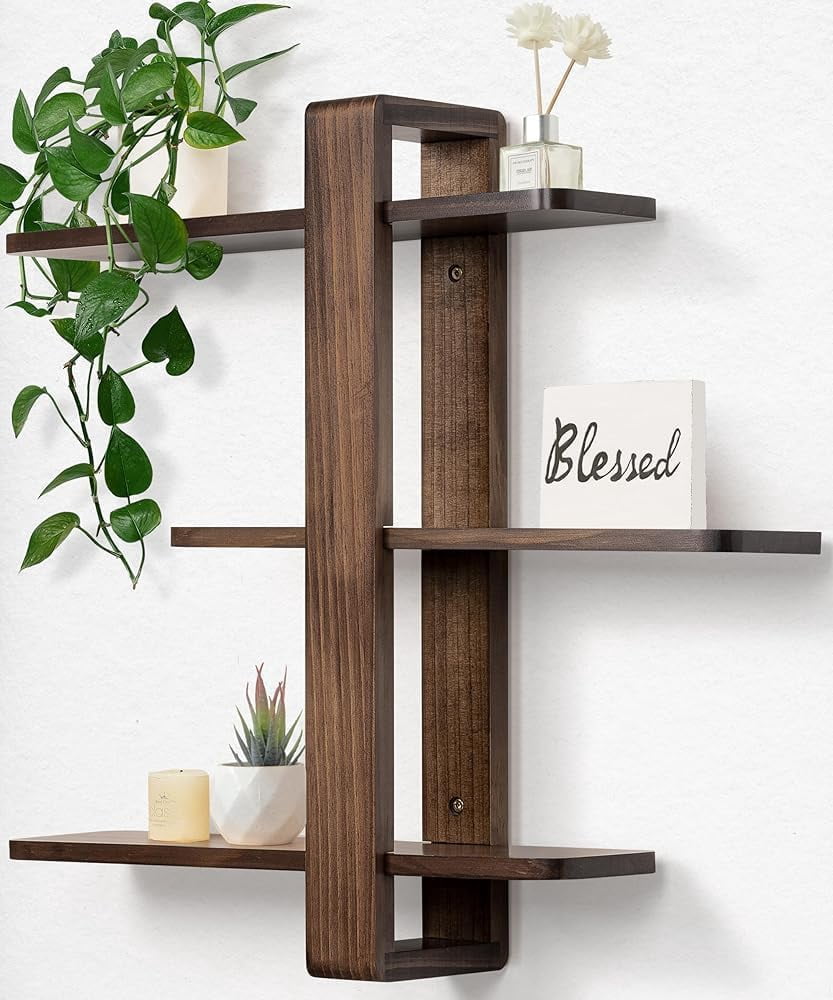 Gronda Walnut Floating Shelves for Living Room Bathroom Bedroom, Mid Century Modern Wood Wall Shelves, 3 Tier Adjustable Plant Wall Shelf, 20 Inch