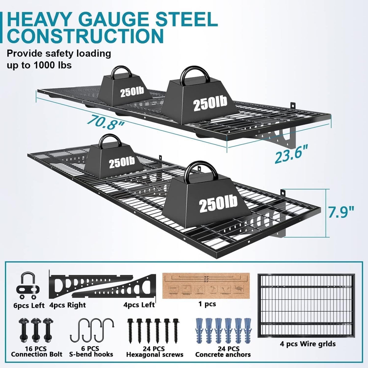 HAINAWANG,1 shelves 1-Pack 1.5x3.8ft 17.7-inch-by-45.2-inch Wall Shelf Garage Storage Rack Wall Mounted Floating Shelves, Black, 1 Pack Loads 250 lbs