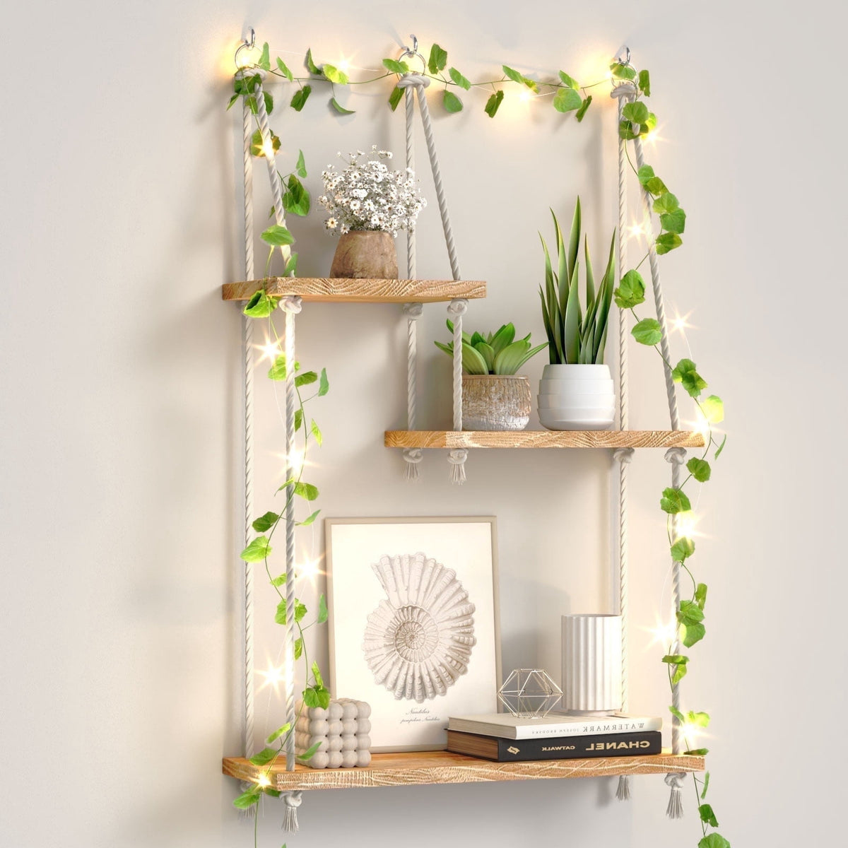 FKS LIFE Hanging Shelves for Wall, Macrame Hanging Plant Shelf with Vine Lights 5 Tier Rope Floating Shelf Storage Rack Boho Wall Decor