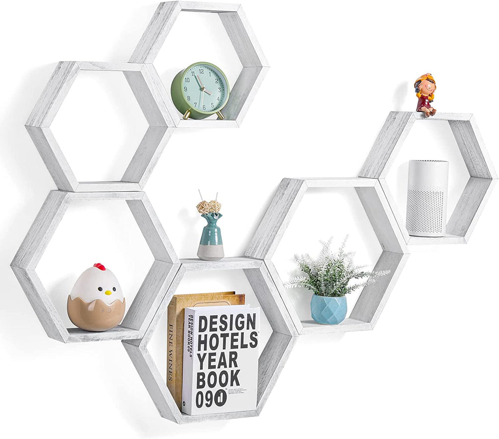 Hexagon Floating Shelves Set of 6 Honeycomb Shelves for Wall, Gray White