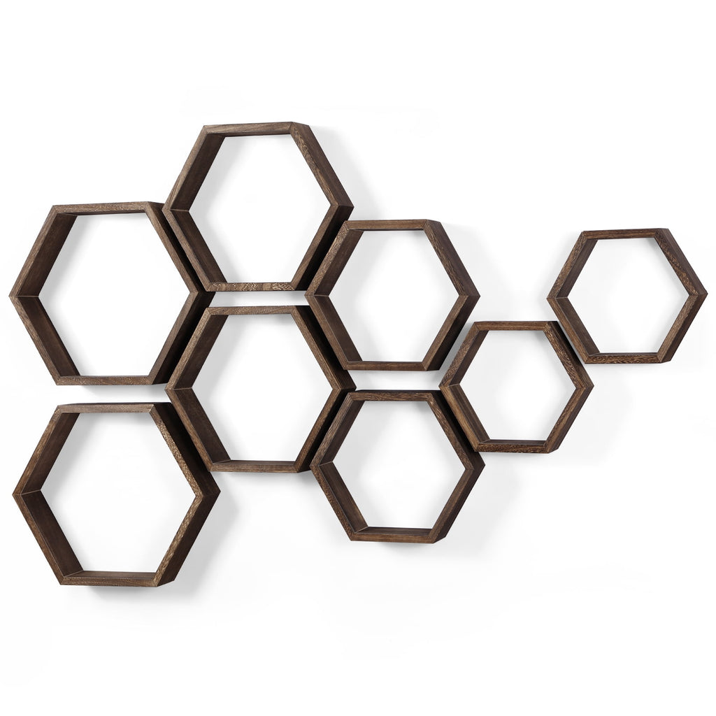 Hexagon Floating Shelves Set of 8 Honeycomb Shelves for Wall, Brown