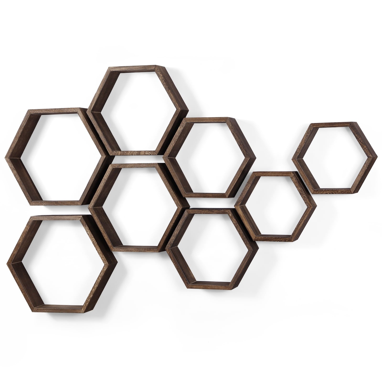 Hexagon Floating Shelves Set of 8 Honeycomb Shelves for Wall, Brown