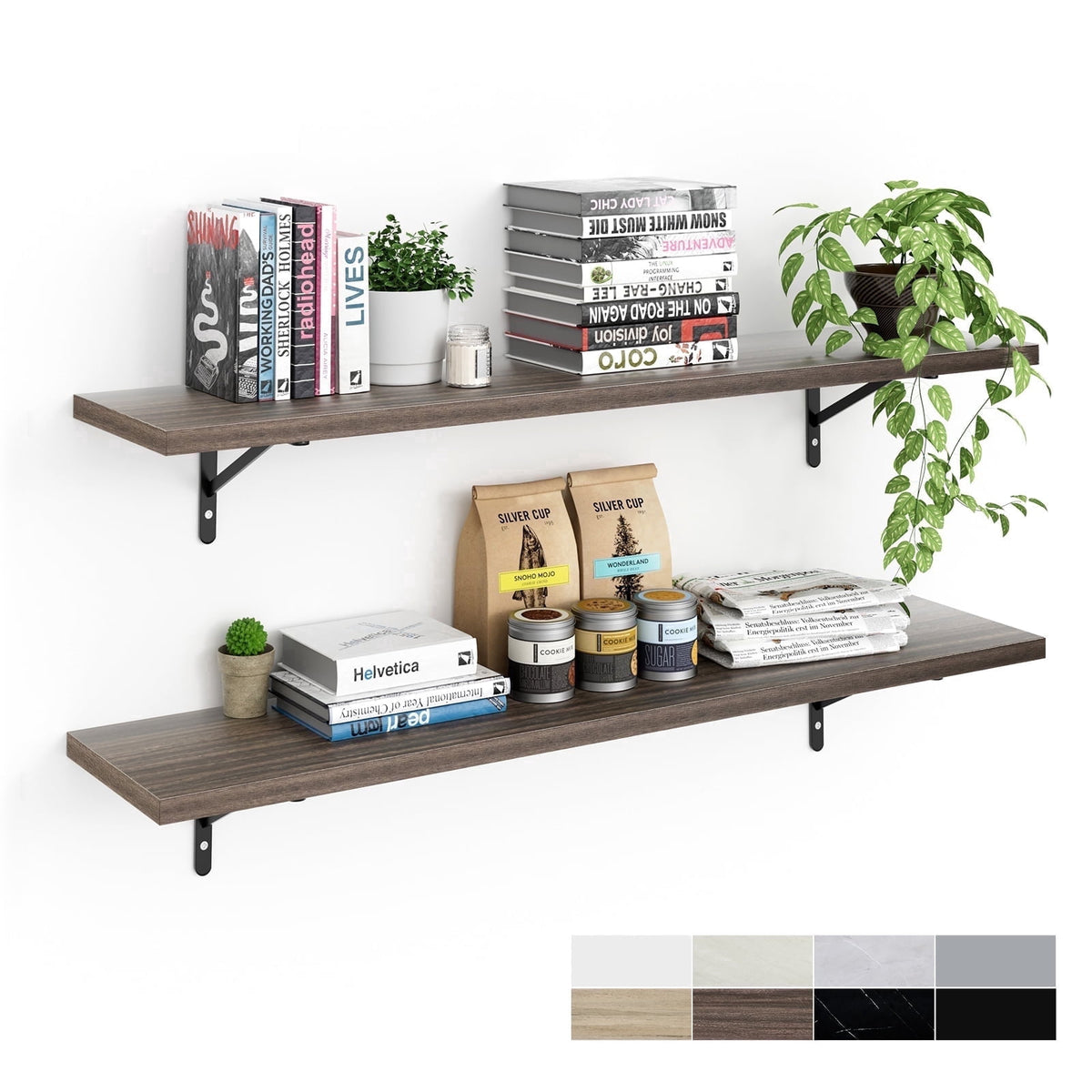 Kaboon 36 inch Long 10 inch Deep Floating Shelves for Wall Set of 2, Large Open Shelves Wall Mounted, Space Saving Home and Commercial Use, Dark Walnut