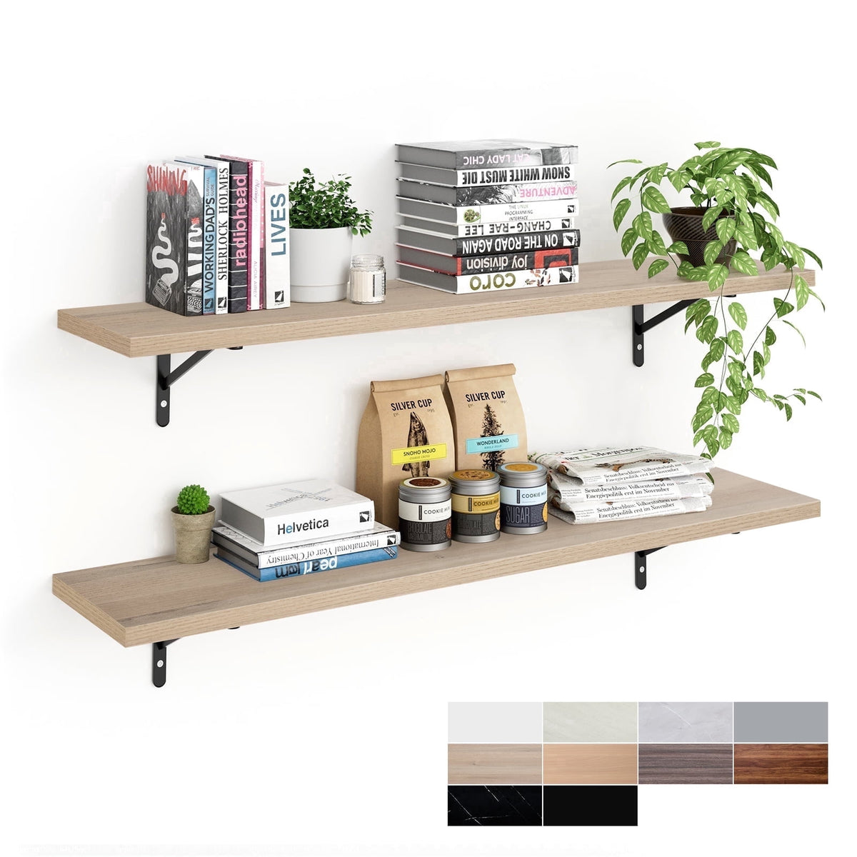 Kaboon 36 inch Long 10 inch Deep Floating Shelves for Wall Set of 2, Large Open Shelves Wall Mounted, Space Saving Home and Commercial Use, Dark Walnut