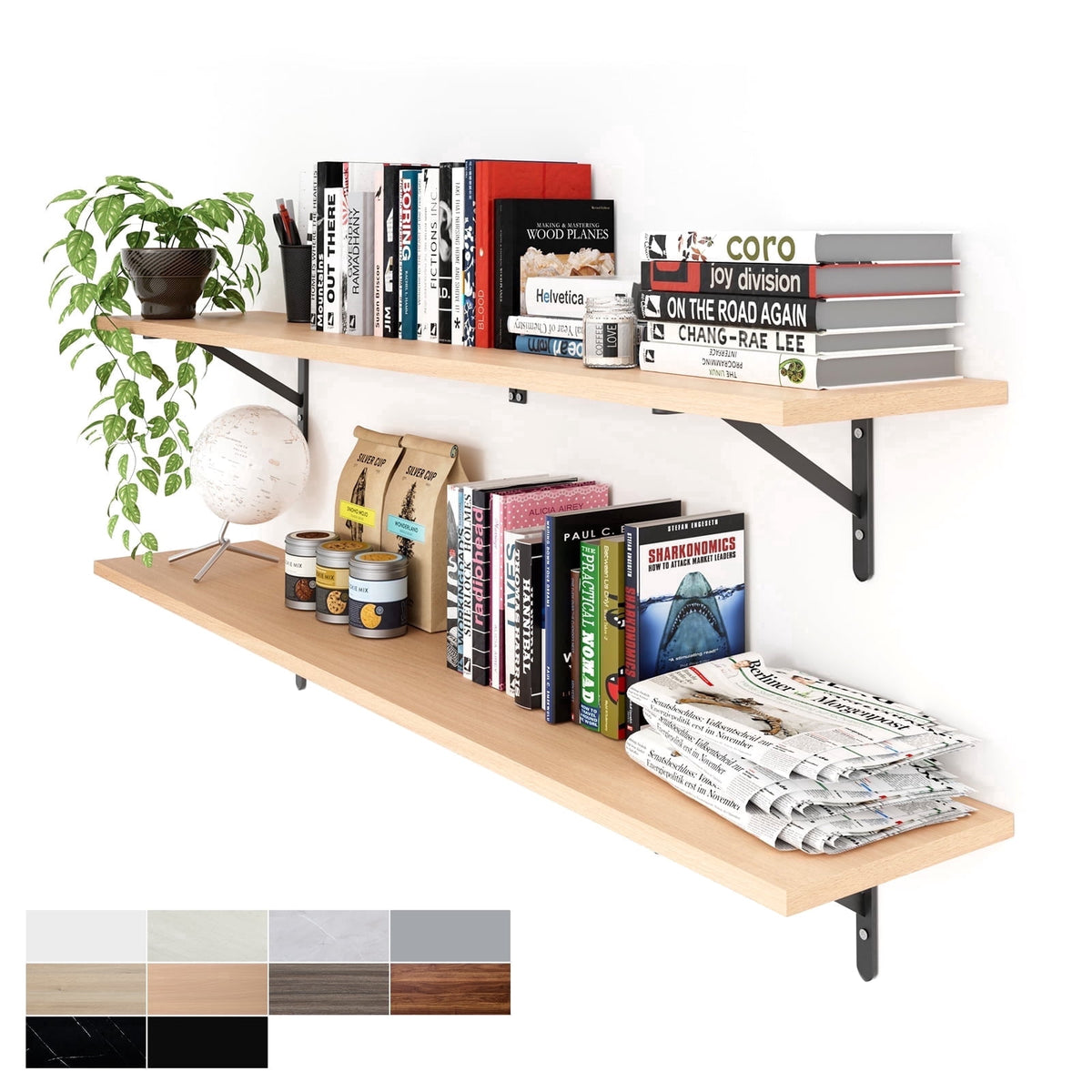 Kaboon 36 inch Long 10 inch Deep Floating Shelves for Wall Set of 2, Large Open Shelves Wall Mounted, Space Saving Home and Commercial Use, Dark Walnut
