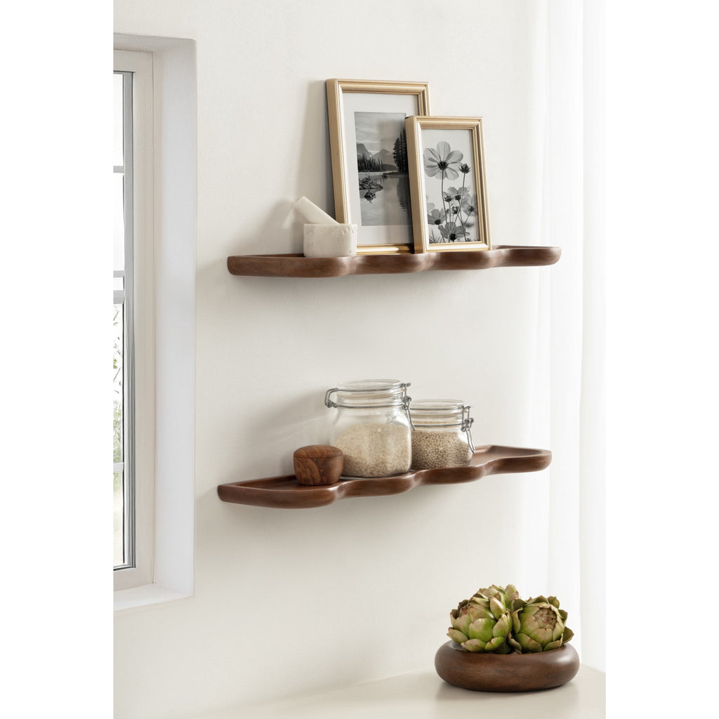 Kate and Laurel Alezar Modern Scalloped Mango Wood Floating Shelves, Set of 2, 24 x 6, Walnut Brown, Functional Wavy Bathroom and Kitchen Shelves for Storage and Display