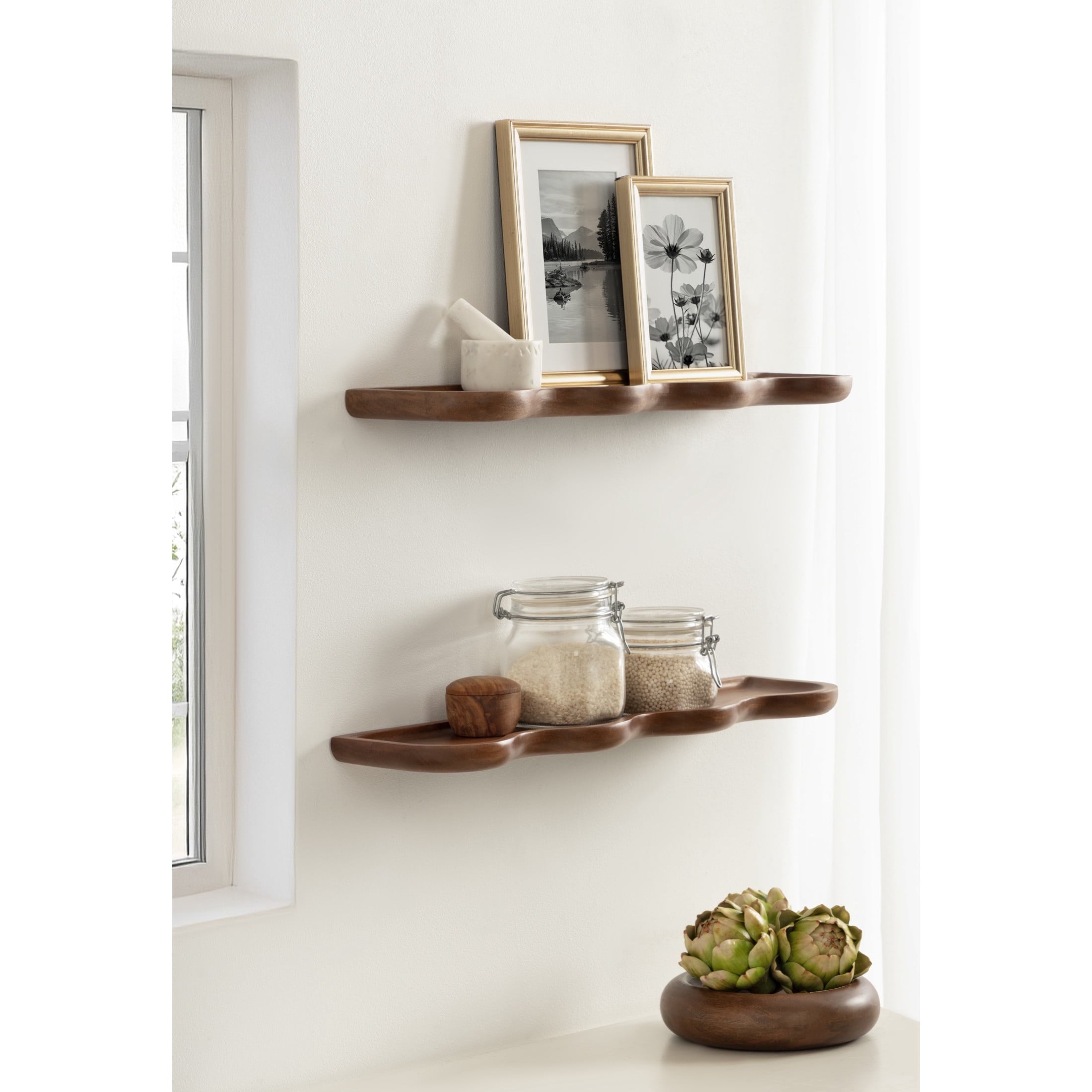 Kate and Laurel Alezar Modern Scalloped Mango Wood Floating Shelves, Set of 2, 24 x 6, Walnut Brown, Functional Wavy Bathroom and Kitchen Shelves for Storage and Display