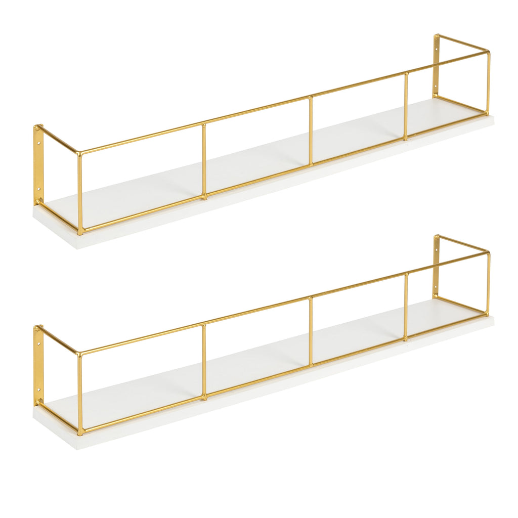 Kate and Laurel Benbrook 24 inch 2-Pack Wood and Metal Floating Wall Shelves, White and Gold
