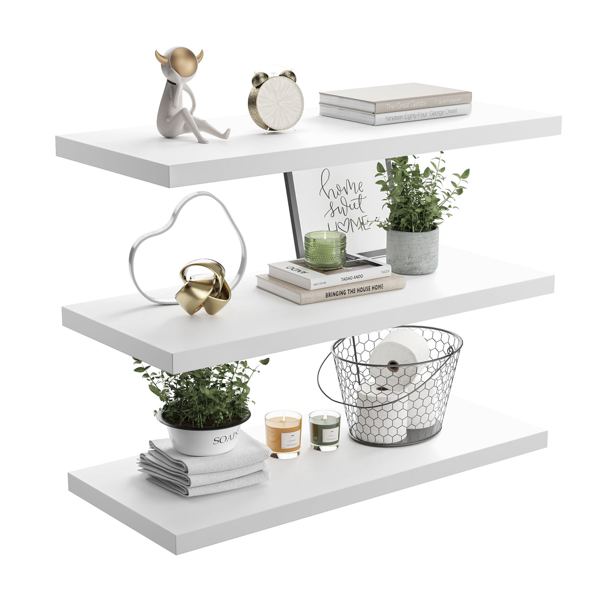 LANDMOK 10 Inch Deep Floating Shelf, 36 x10 Inch Large Wall Mounted Shelf for Kitchen, Bathroom, Living Room, White (3 Pack)
