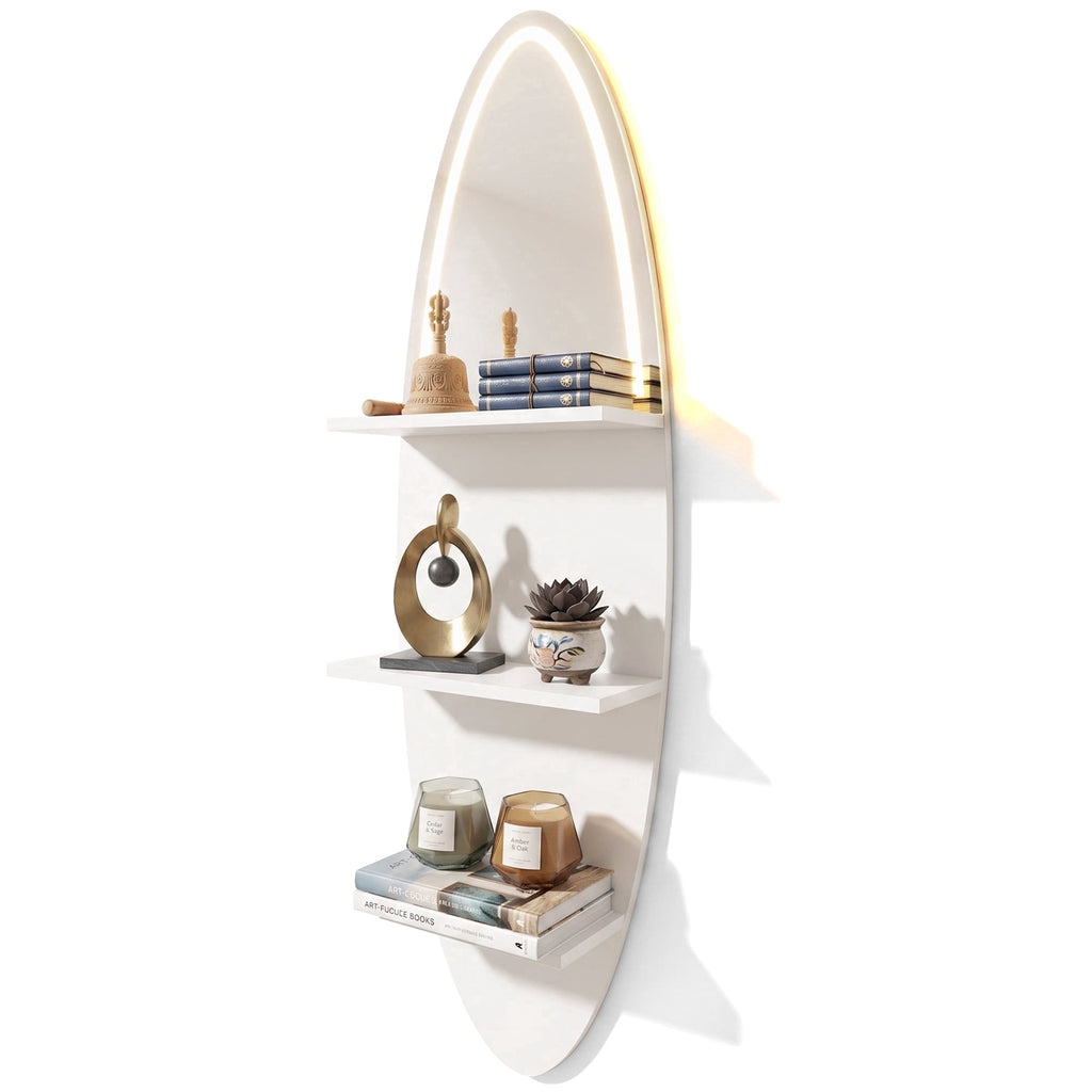 LEFINITO Surfboard Shaped LED Mirrored Floating Wall Storage Shelf, White Wall Shelf with Light for Home Decor