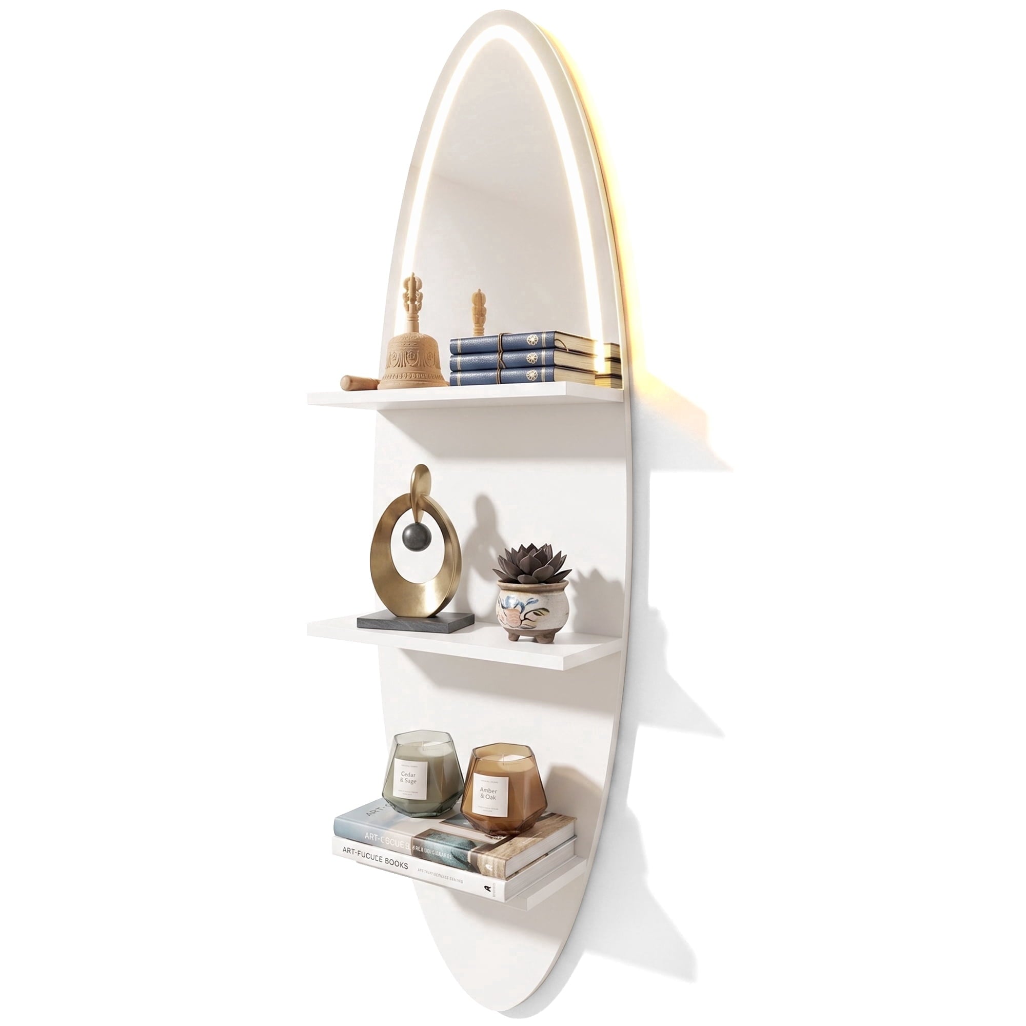 LEFINITO Surfboard Shaped LED Mirrored Floating Wall Storage Shelf, White Wall Shelf with Light for Home Decor