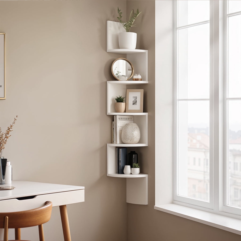 LEDREM Floating Corner Shelf - 5-Tier Wall Mount Bookshelf, Space-Saving Design, 13.2lb Capacity per Shelf, Cloud White