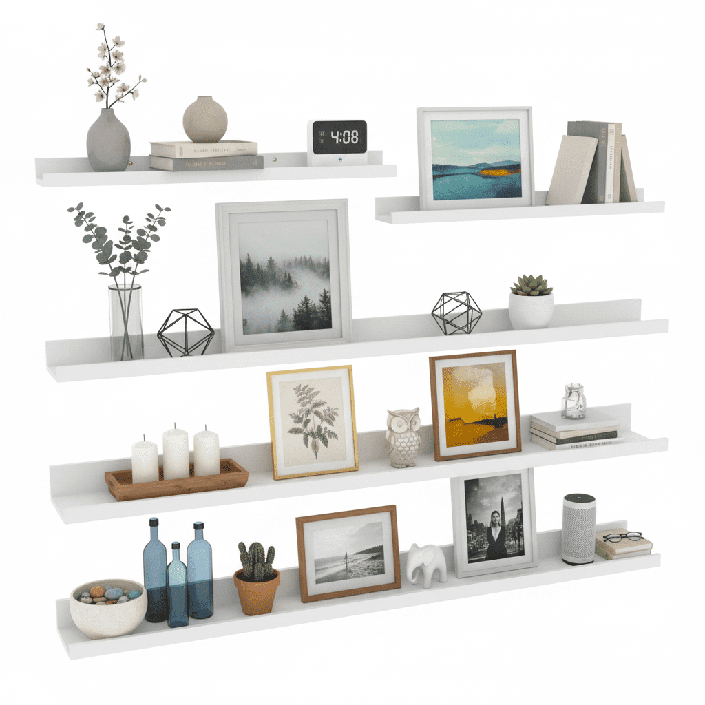 Long Floating Shelves for Wall Set of 5, 47 Inch White Wooden Picture Ledge Shelves for Bathroom, Bedroom, Kitchen, Living Room Storage and Decoration