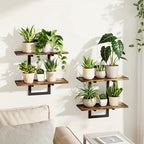 MEHOOM 2-Pack 2-Tier Floating Shelves for Wall, 15" Wall-Mounted Plant Shelves with Heavy-Duty Metal Frame, Rustic Brown Storage Shelves for Living Room, Bedroom, Bathroom and Kitchen