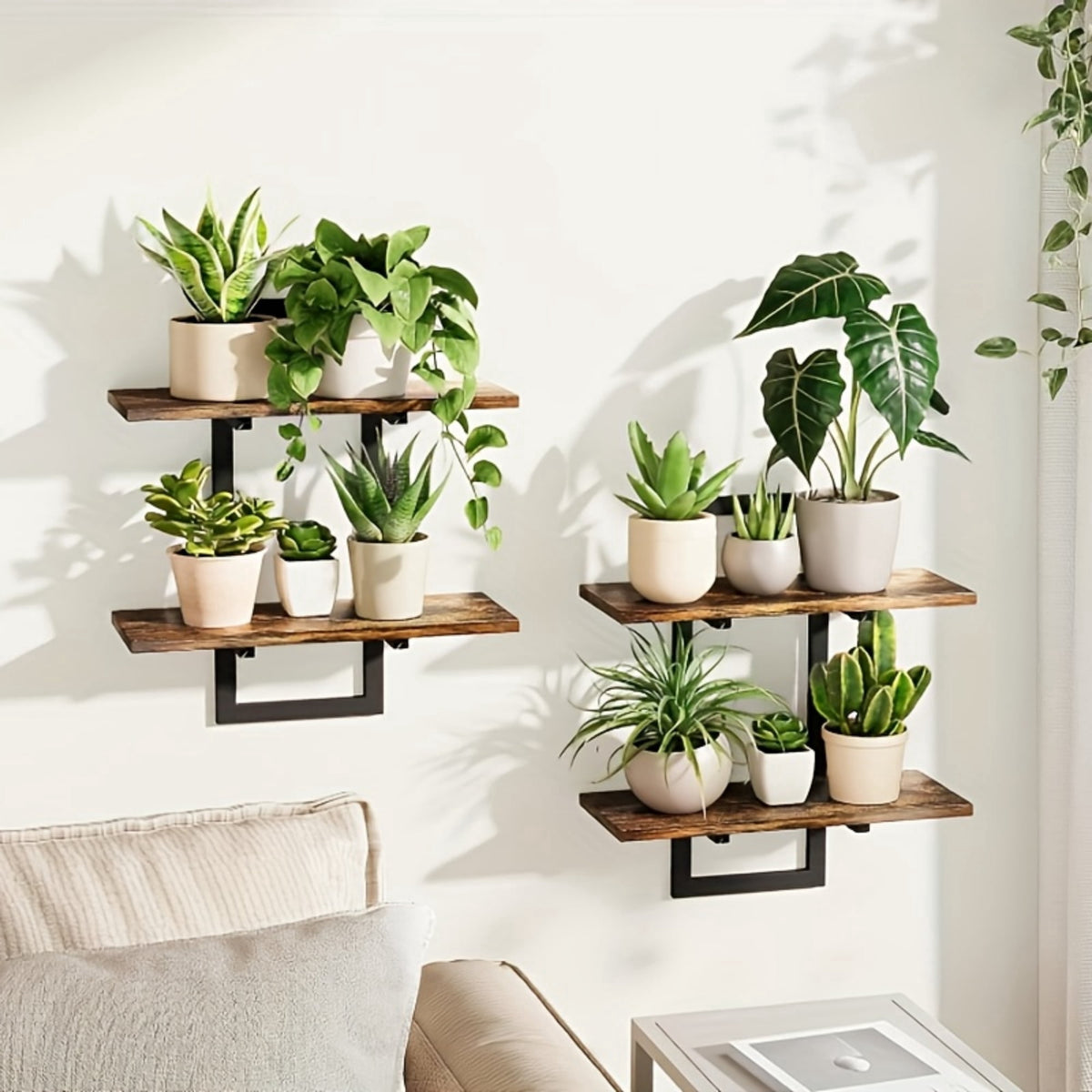 MEHOOM 2-Pack 2-Tier Floating Shelves for Wall, 15" Wall-Mounted Plant Shelves with Heavy-Duty Metal Frame, Rustic Brown Storage Shelves for Living Room, Bedroom, Bathroom and Kitchen