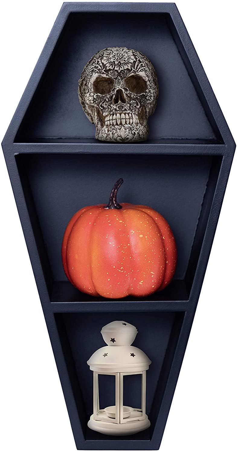 Manny's Mysterious Oddities Black Coffin Shelf - Spooky Gothic Decor for the Home-Floating Wooden Shelf for Wall or Table Top