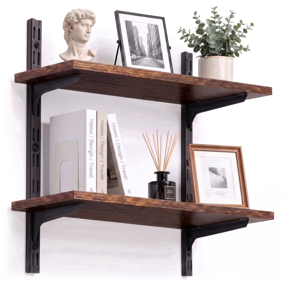 Mifurn 2-Tier Floating Shelves for Wall, 18.9" Adjustable Wall Track Wood Shelves, Rustic Brown