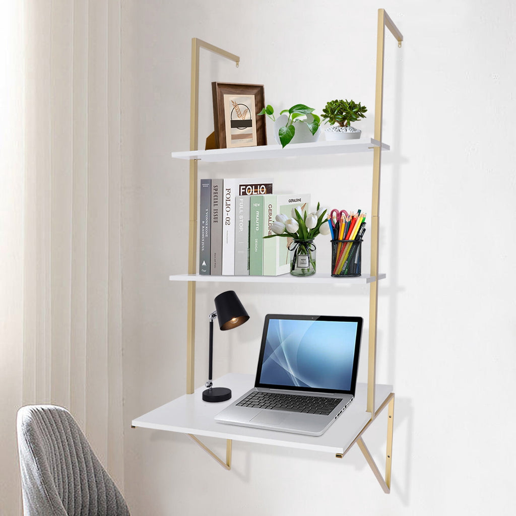 Miumaeov 3 Tier Ladder Shaped Desk Wall Mounted Shelf Floating Hanging Display Rack for Laundry Room Bathroom Kitchen Bedroom Office Gold