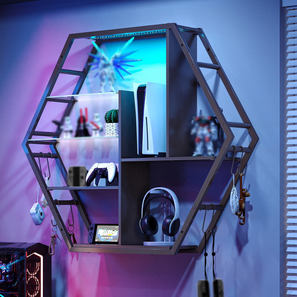 ModFurne LED Wall Shelves - Lighted Display Shelves With Extra Hooks For Gaming Rooms & Bars. Modern Black Floating Shelves With Built-In LED Lighting