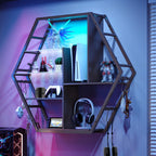 ModFurne LED Wall Shelves - Lighted Display Shelves With Extra Hooks For Gaming Rooms & Bars. Modern Black Floating Shelves With Built-In LED Lighting