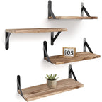 TABGIME Multi-size Wall-Mounted Floating Shelves W/Triangle Bracket, Rustic Decor Set of 4 Natural Burnt Wood Storage Shelf for Livingroom Kitchen Bedroom, Bathroom Shelves Over The Toilet