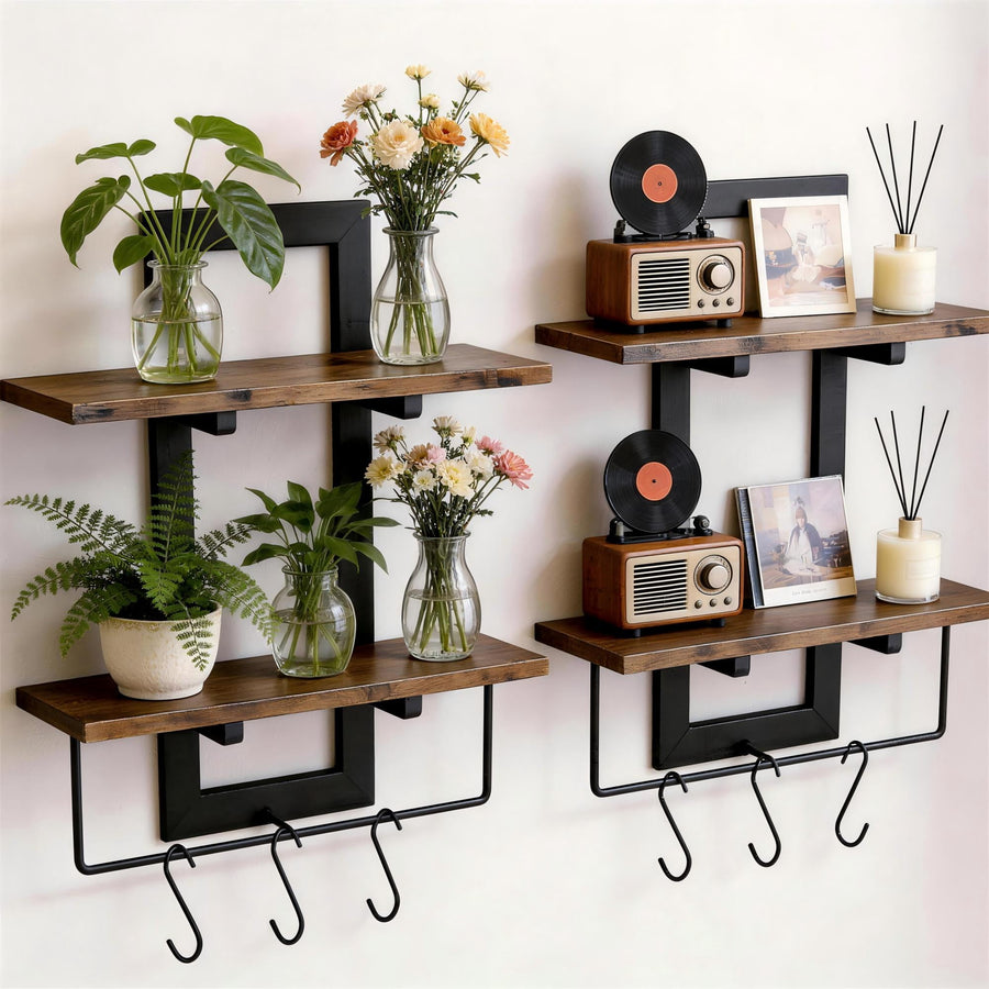 2 Pack 2 Tier Floating Wall Shelves, Rustic Wood Wall Mount Storage Organizer, Decorative Wall Display Rack for Bedroom Living Room Bathroom