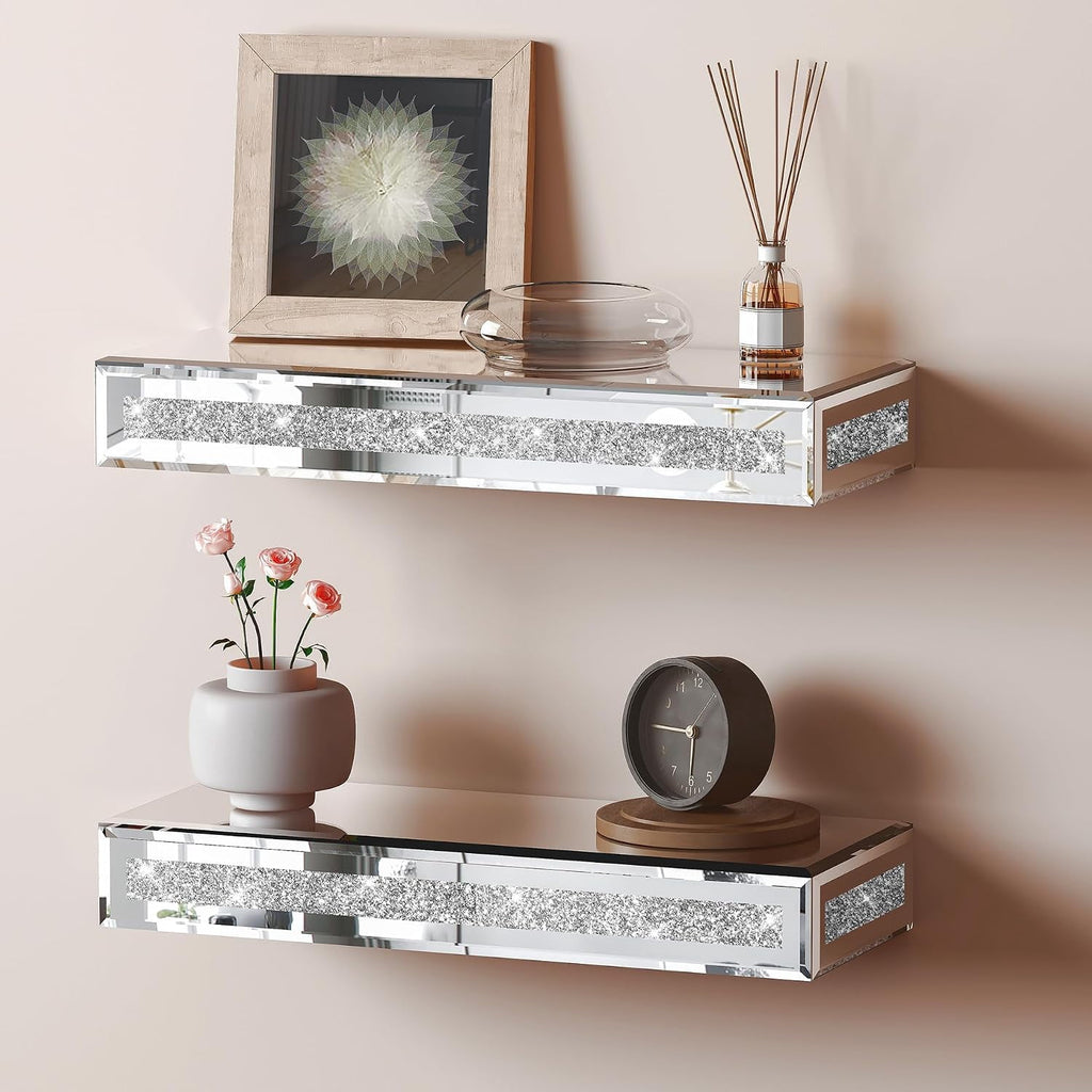SHYFOY 15"x5.9" Glitter Glass Mirrored Floating Shelves (Set of 2)