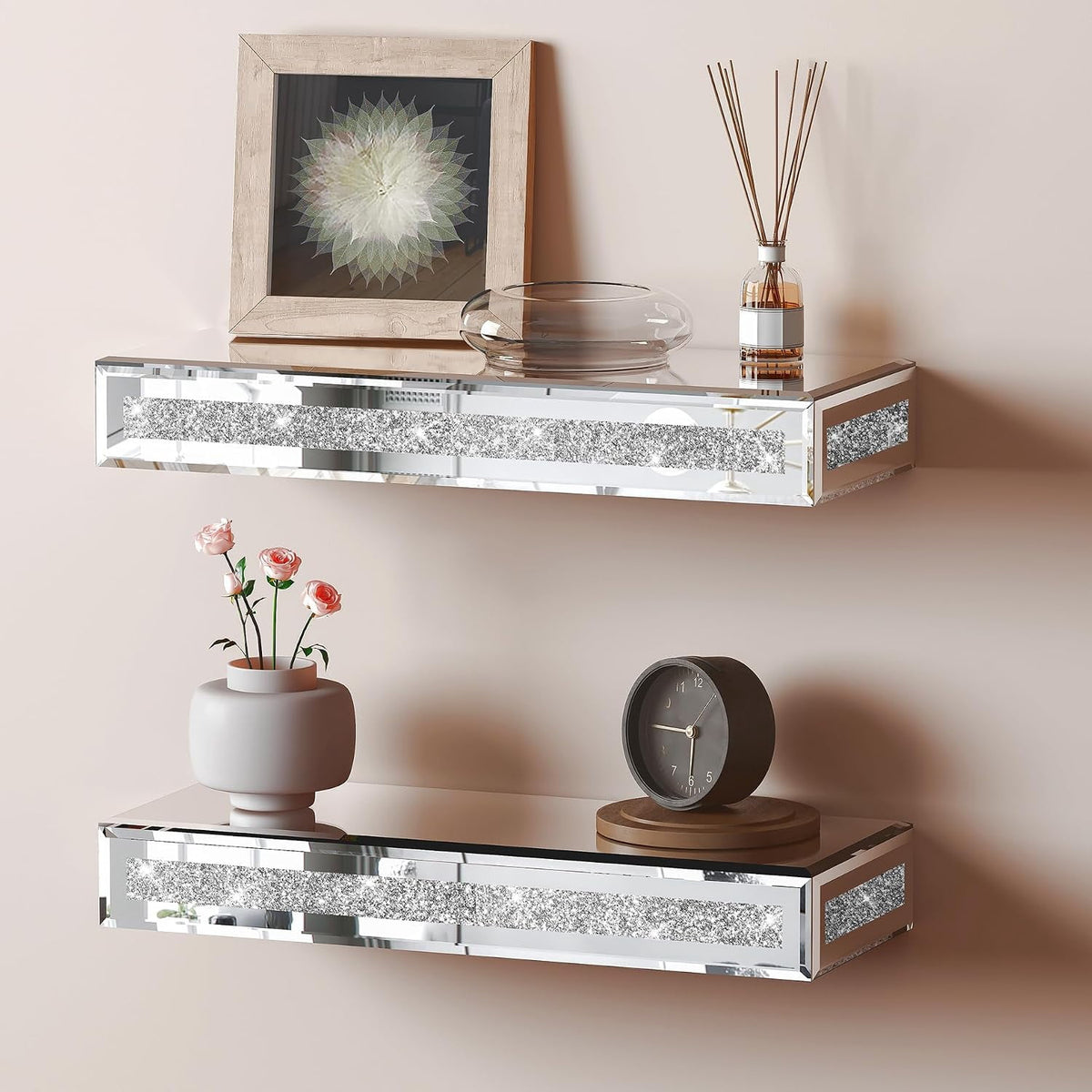 SHYFOY 15"x5.9" Glitter Glass Mirrored Floating Shelves (Set of 2)