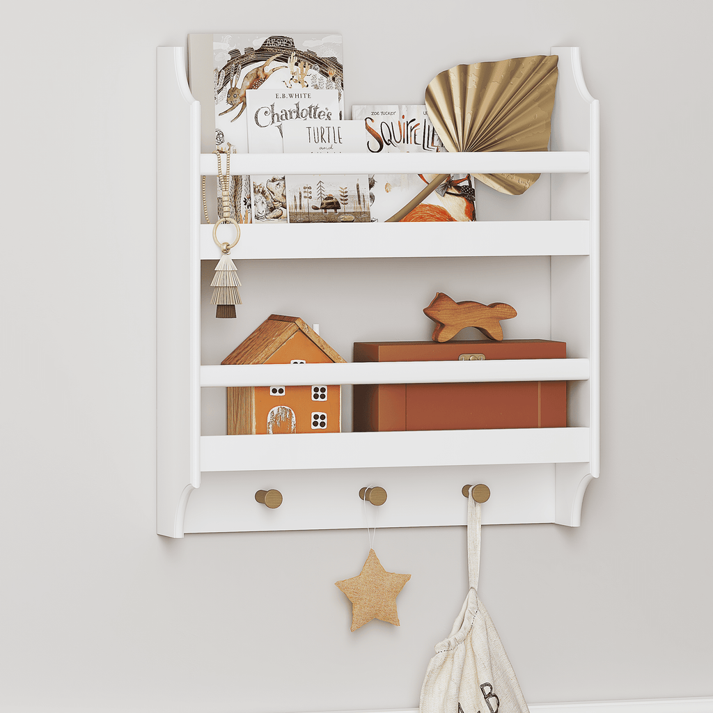 STAROUS 2-Tier Hanging Bookshelves for Wall Decor and Storage Floating Nursery Book Shelves with Hooks, Wall Mounted Baby Book Shelf