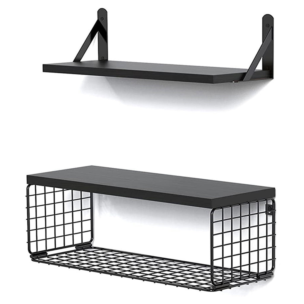 Set of 2+1 Wall-Mounted Floating Shelves W/Triangle Bracket & Frame, 16 Inch Black Rustic Wood Storage Shelf for Living Room Kitchen Bedroom Bathroom