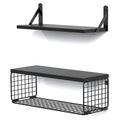 Set of 2+1 Wall-Mounted Floating Shelves W/Triangle Bracket & Frame, 16 Inch Black Rustic Wood Storage Shelf for Living Room Kitchen Bedroom Bathroom