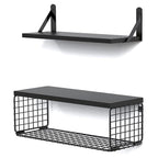 Set of 2+1 Wall-Mounted Floating Shelves W/Triangle Bracket & Frame, 16 Inch Black Rustic Wood Storage Shelf for Living Room Kitchen Bedroom Bathroom