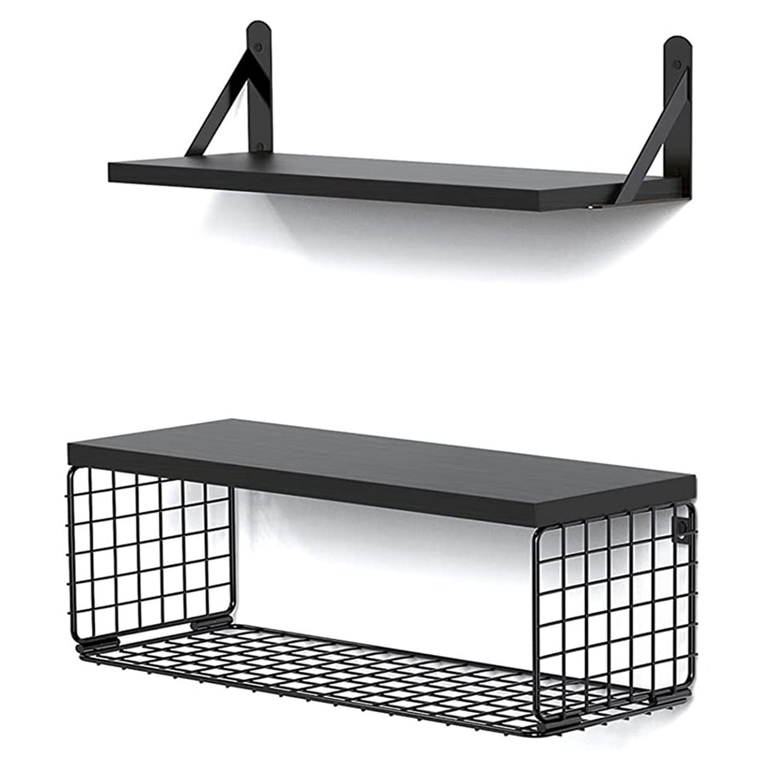 Set of 2+1 Wall-Mounted Floating Shelves W/Triangle Bracket & Frame, 16 Inch Black Rustic Wood Storage Shelf for Living Room Kitchen Bedroom Bathroom